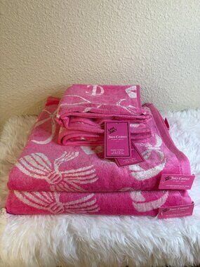 Juicy Couture Love Juicy Pink Bow Lip Print Heart Bath Hand Towel Set 4PC NWT